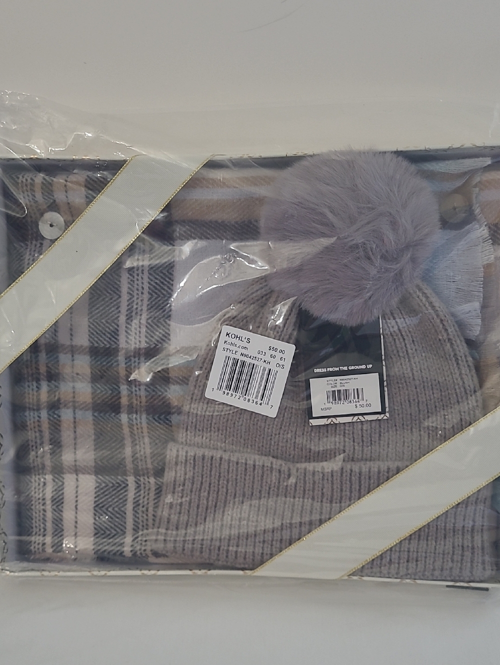 Nine West Gray Scarf and Faux Fur Beanie Set